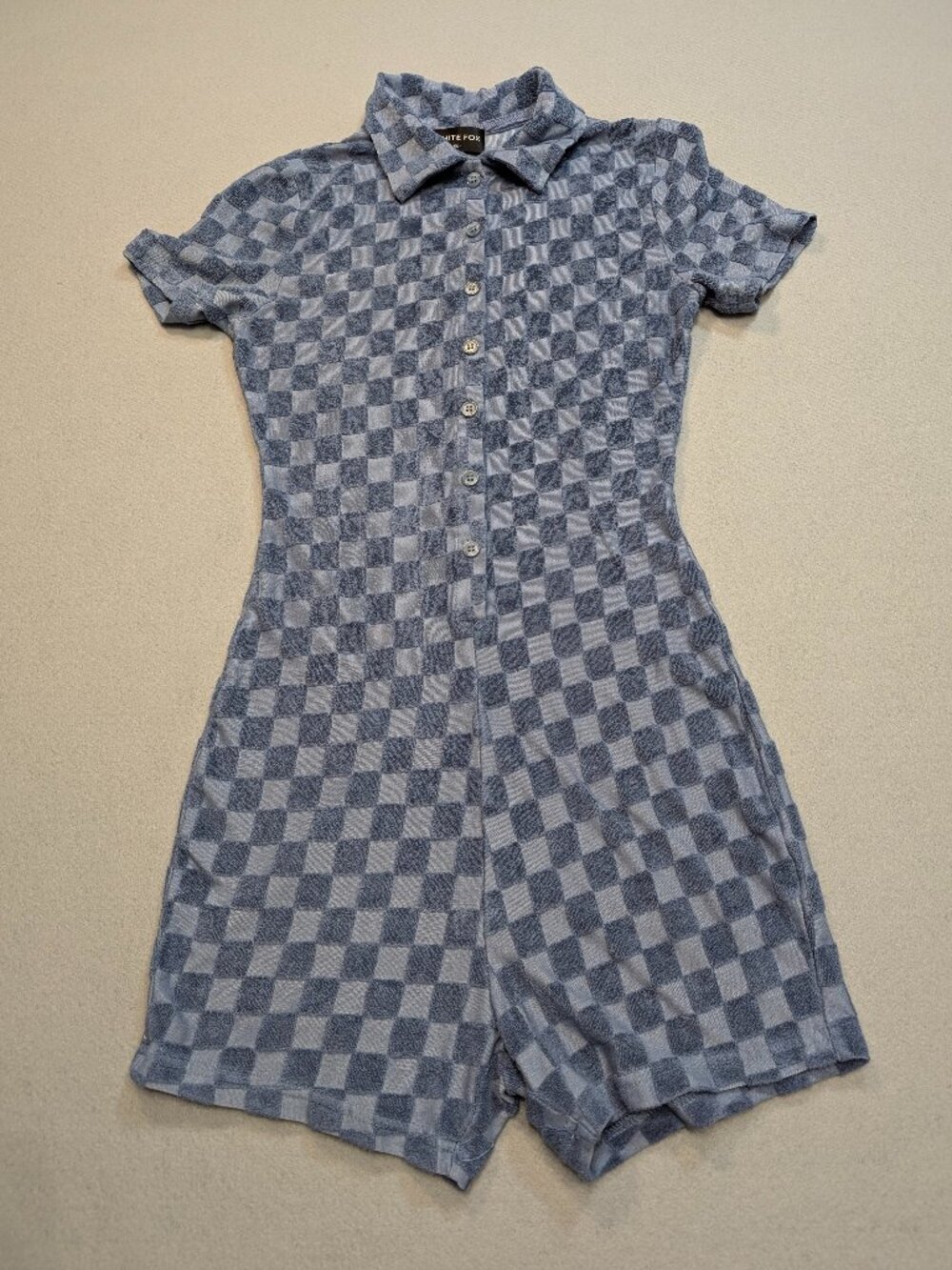 White Fox Blue Checkerboard Terry Cloth Romper XS